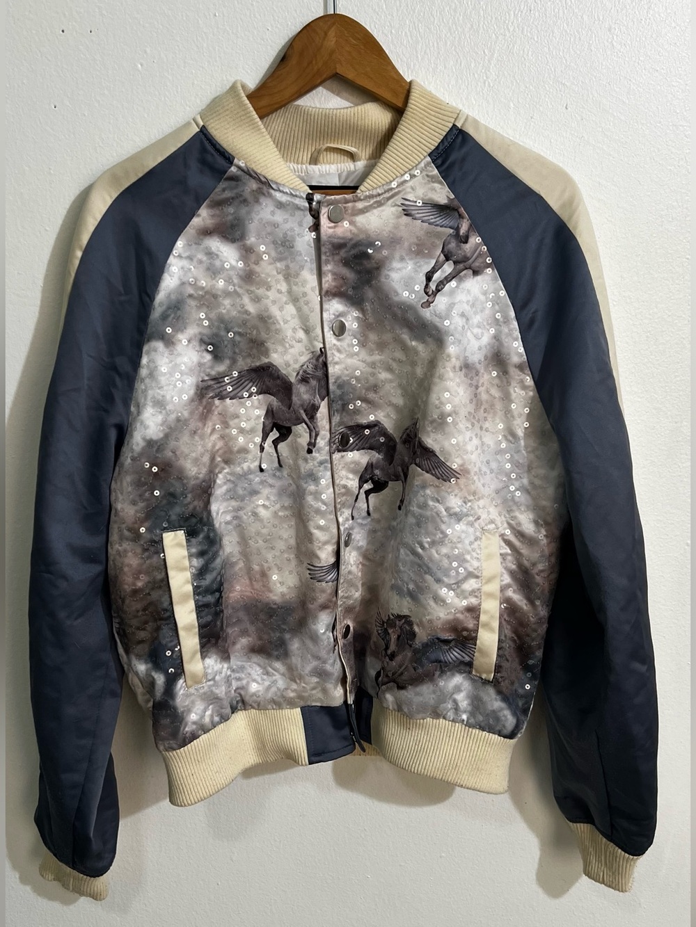 Premium Pegasus Print Bomber Jacket - Cream & Navy